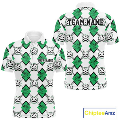 Custom Cute Funny Jade Green Halloween Bowling Argyle Pattern Men Polo Shirt IPHW11921