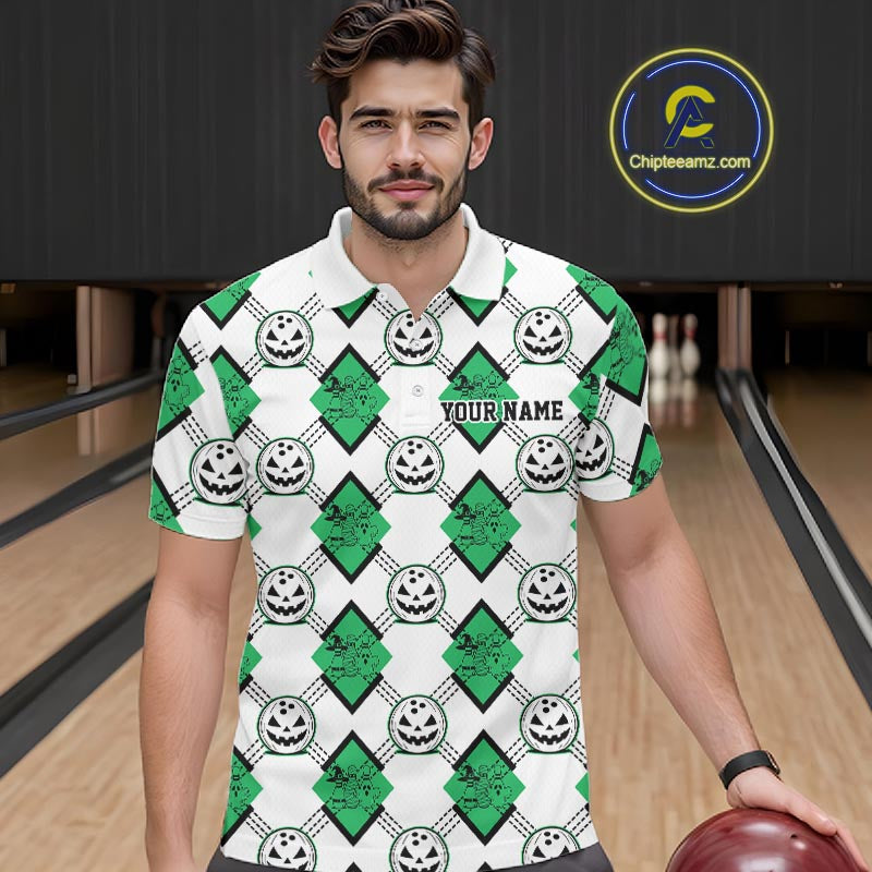 Custom Cute Funny Jade Green Halloween Bowling Argyle Pattern Men Polo Shirt IPHW11921