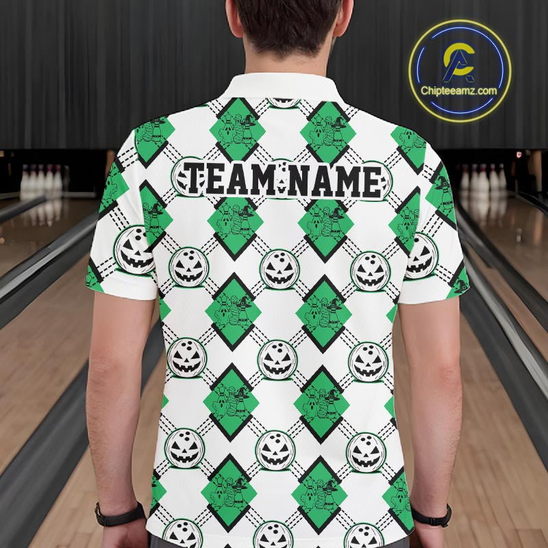 Custom Cute Funny Jade Green Halloween Bowling Argyle Pattern Men Polo Shirt IPHW11921