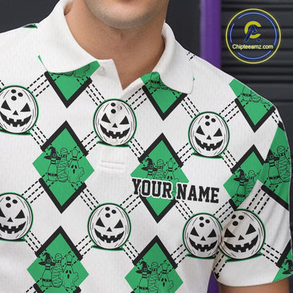 Custom Cute Funny Jade Green Halloween Bowling Argyle Pattern Men Polo Shirt IPHW11921