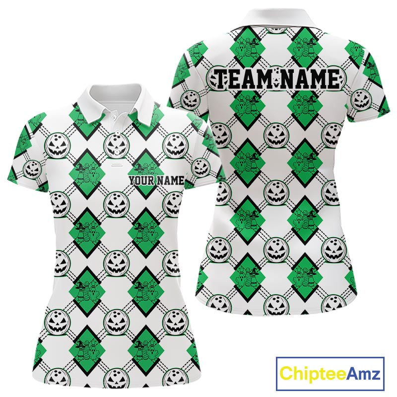 Custom Cute Funny Jade Green Halloween Bowling Argyle Pattern Women Polo Shirt IPHW11921