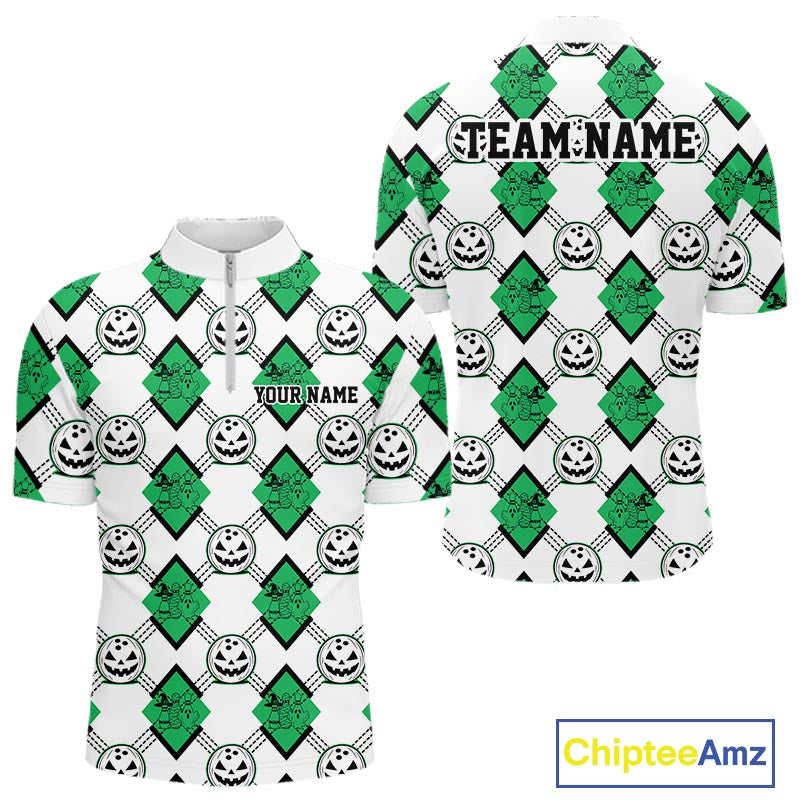 Custom Cute Funny Jade Green Halloween Bowling Argyle Pattern Men Quarter Zip Shirt IPHW11921