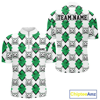 Custom Cute Funny Jade Green Halloween Bowling Argyle Pattern Men Quarter Zip Shirt IPHW11921