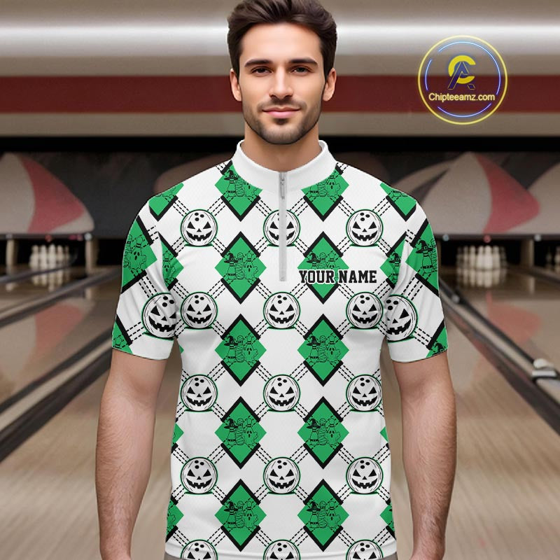 Custom Cute Funny Jade Green Halloween Bowling Argyle Pattern Men Quarter Zip Shirt IPHW11921