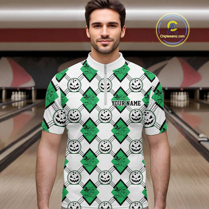 Custom Cute Funny Jade Green Halloween Bowling Argyle Pattern Men Quarter Zip Shirt IPHW11921