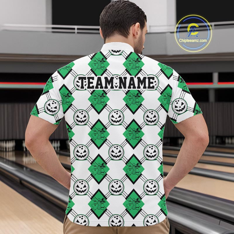 Custom Cute Funny Jade Green Halloween Bowling Argyle Pattern Men Quarter Zip Shirt IPHW11921
