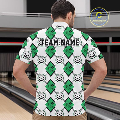 Custom Cute Funny Jade Green Halloween Bowling Argyle Pattern Men Quarter Zip Shirt IPHW11921