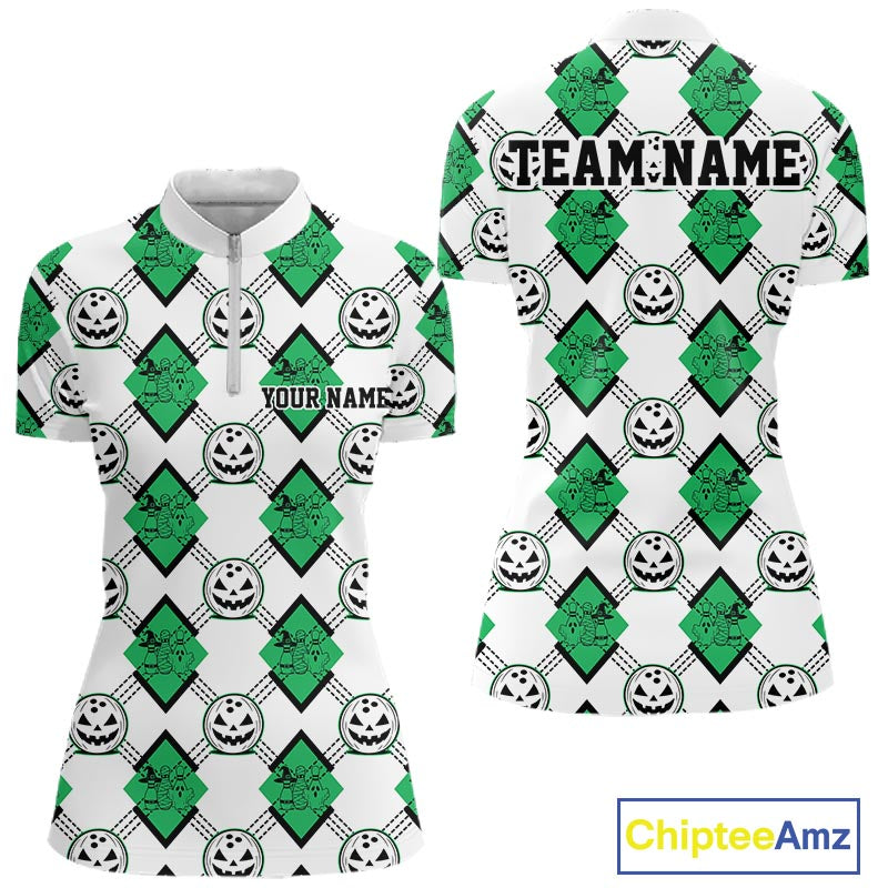 Custom Cute Funny Jade Green Halloween Bowling Argyle Pattern Women Quarter-Zip Shirt IPHW11921