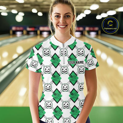 Custom Cute Funny Jade Green Halloween Bowling Argyle Pattern Women Quarter-Zip Shirt IPHW11921