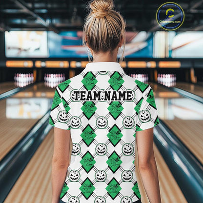 Custom Cute Funny Jade Green Halloween Bowling Argyle Pattern Women Quarter-Zip Shirt IPHW11921