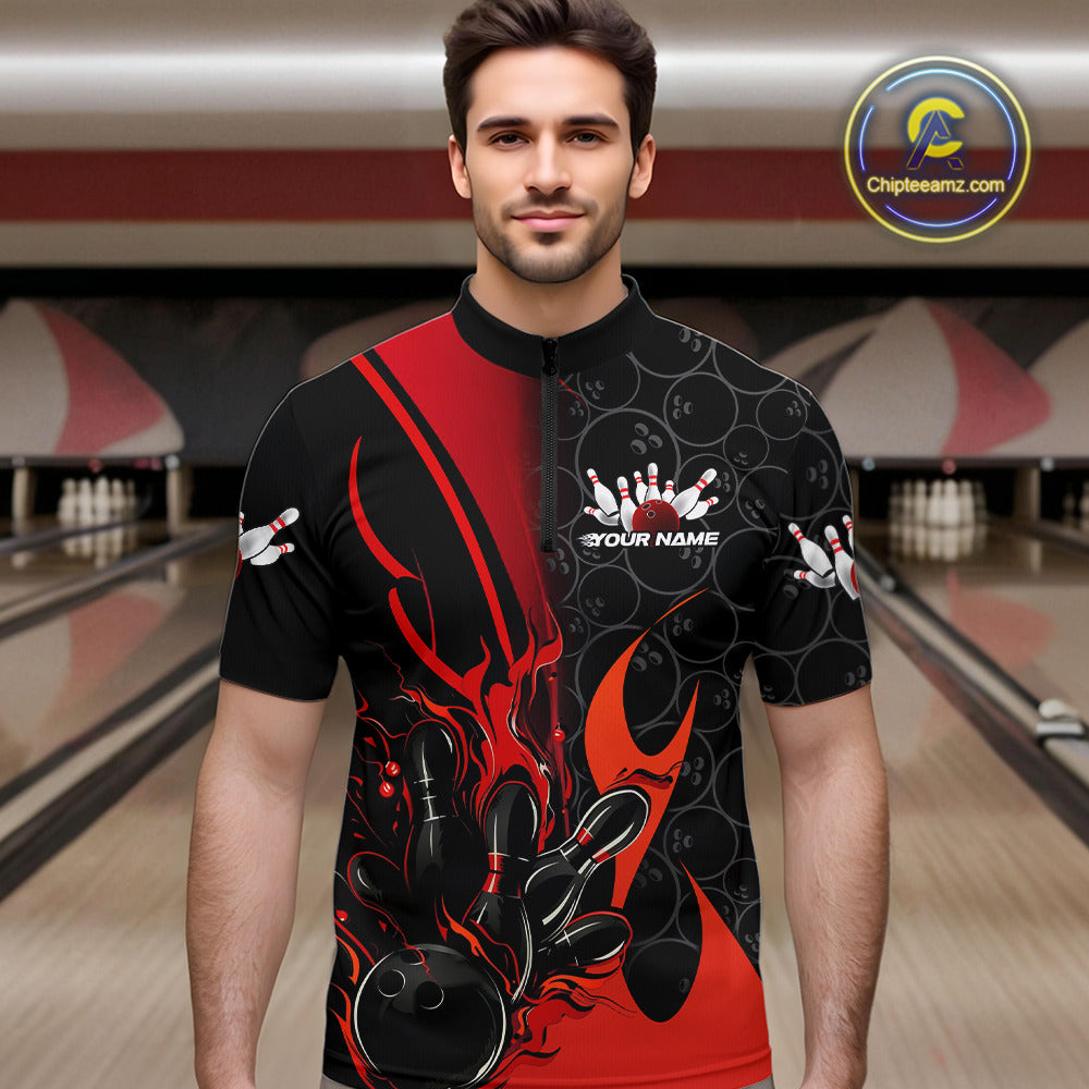 Custom Red Flame Bowling Pattern Bowling Men Quarter-Zip Shirt, Bowling Team League Shirt IPHW9881