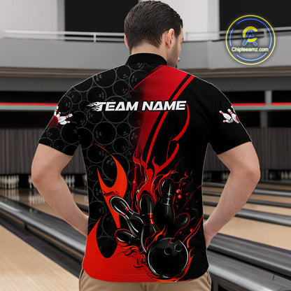 Custom Red Flame Bowling Pattern Bowling Men Quarter-Zip Shirt, Bowling Team League Shirt IPHW9881