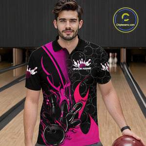 Custom Pink Flame Bowling Pattern Bowling Men Polo Shirt, Bowling Team League Shirt IPHW9882