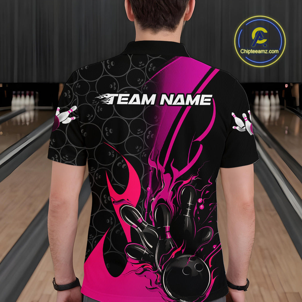 Custom Pink Flame Bowling Pattern Bowling Men Polo Shirt, Bowling Team League Shirt IPHW9882