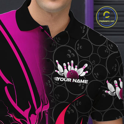 Custom Pink Flame Bowling Pattern Bowling Men Polo Shirt, Bowling Team League Shirt IPHW9882