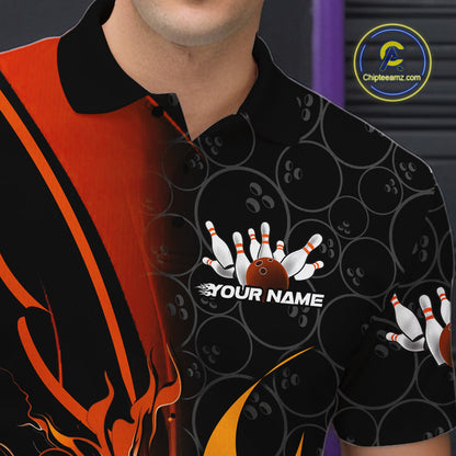 Custom Orange Flame Bowling Pattern Bowling Men Polo Shirt, Bowling Team League Shirt IPHW9883