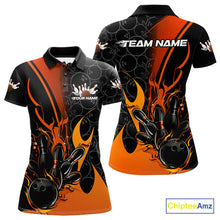 Load image into Gallery viewer, Custom Orange Flame Bowling Pattern Bowling Women Polo Shirt, Bowling Team League Shirt IPHW9883
