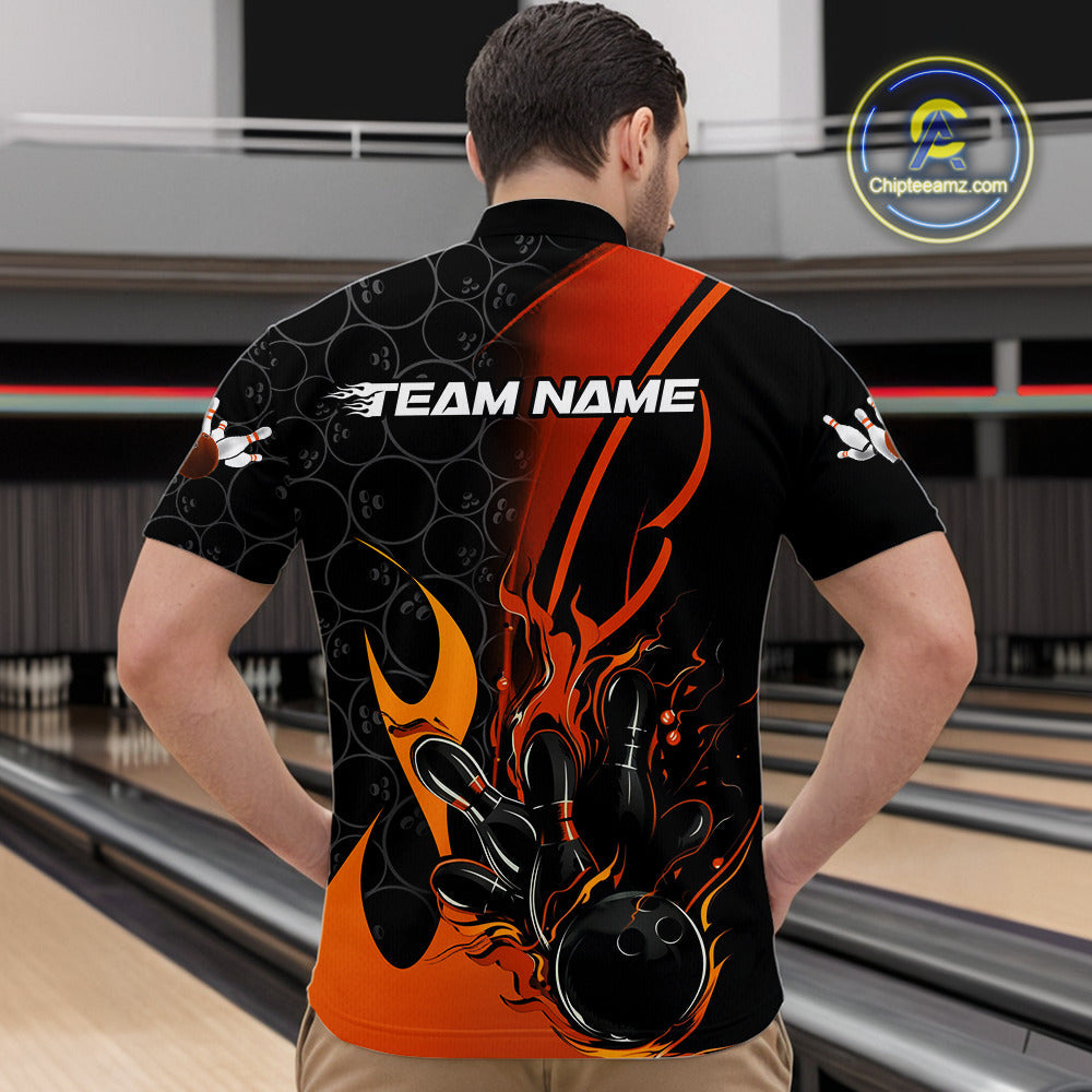 Custom Orange Flame Bowling Pattern Bowling Men Quarter-Zip Shirt, Bowling Team League Shirt IPHW9883