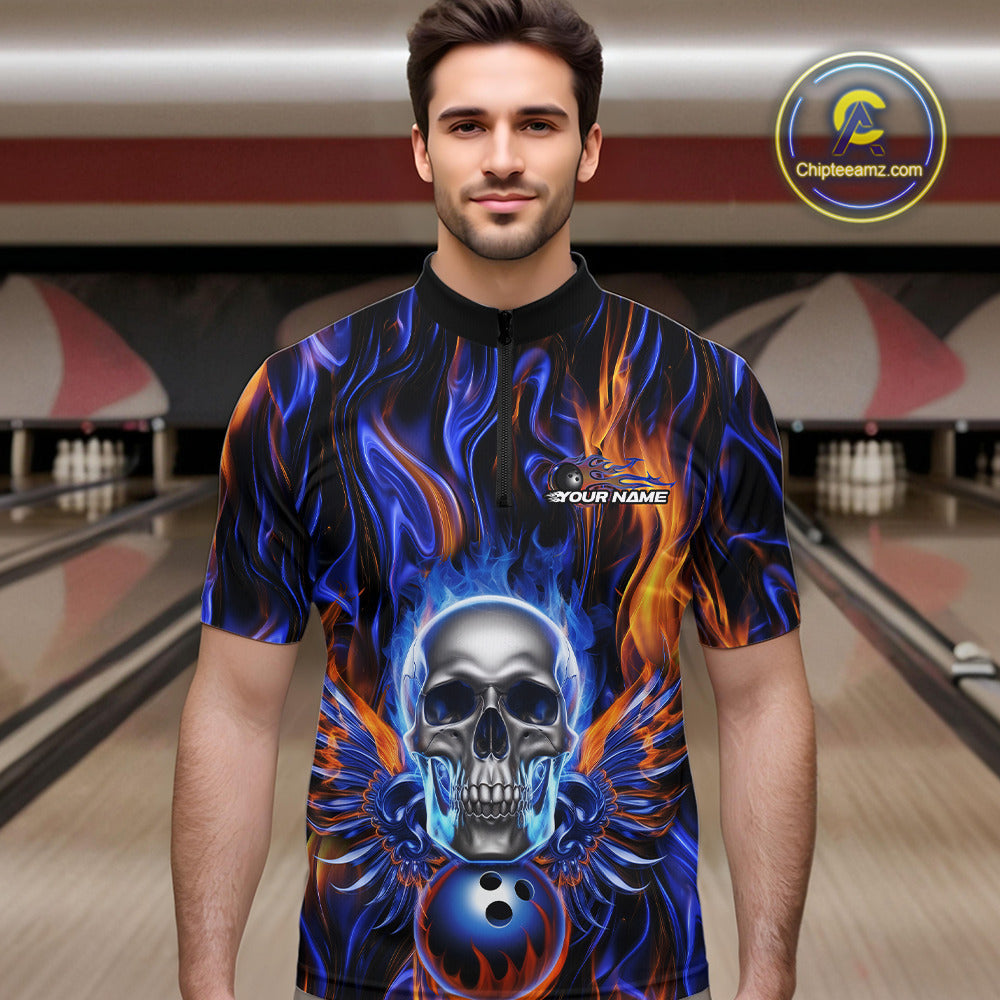 Custom Blue And Yellow Fire Flame Skull Bowling Men Quarter-Zip Shirts, Hallloween Bowler Outfit IPHW9889