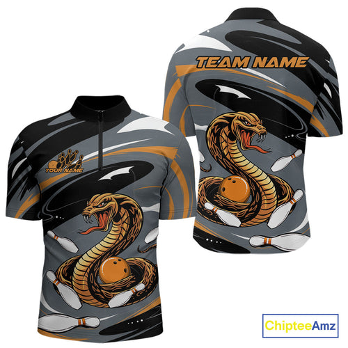 Custom Gray And Yellow Cobra Snake Bowling Quarter-Zip Shirt For Men, Cobra Bowling Team Jersey IPHW9892