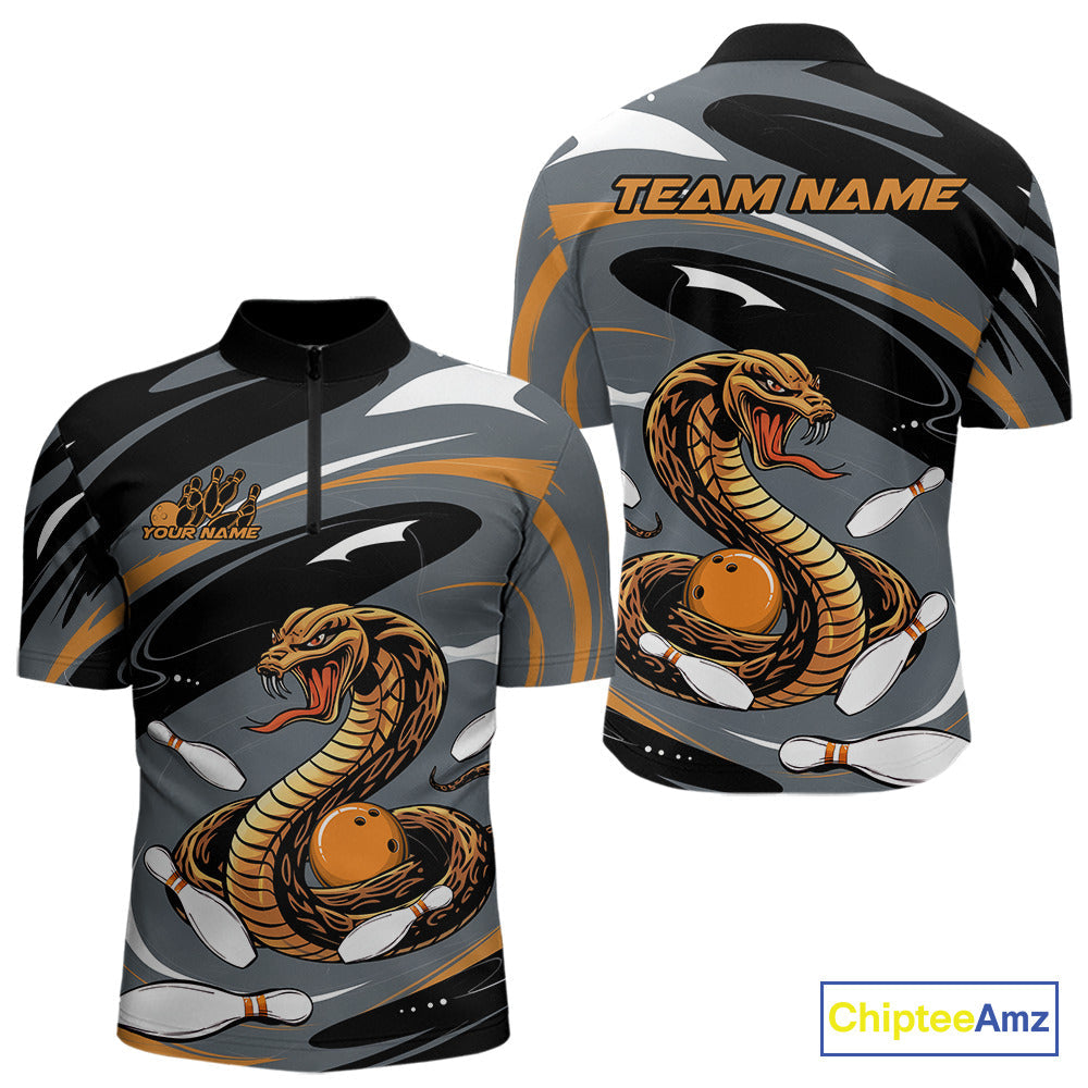 Custom Gray And Yellow Cobra Snake Bowling Quarter-Zip Shirt For Men, Cobra Bowling Team Jersey IPHW9892
