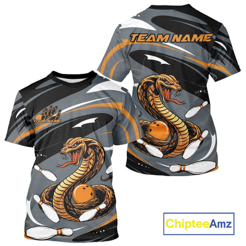 Custom Gray And Yellow Cobra Snake Bowling T-Shirts For Men, Cobra Bowling Team Jersey IPHW9892