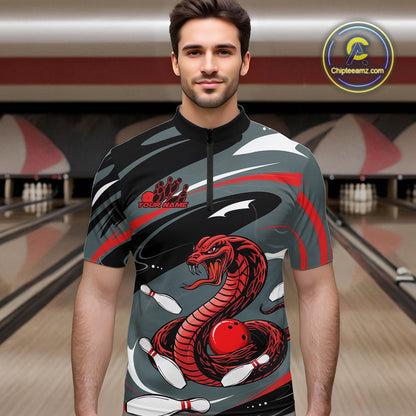 Custom Gray And Red Cobra Snake Bowling Quarter-Zip Shirt For Men, Cobra Bowling Team Jersey IPHW9893
