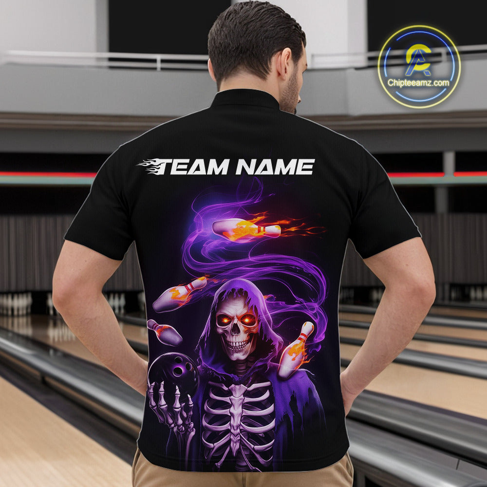 Custom Purple Flame Skeleton Grim Reaper Bowling Men Quarter-Zip Shirt, Halloween Bowling Jersey IPHW9894