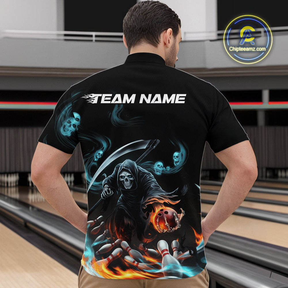 Custom Blue Skull Smoke Grim Reaper Bowling Men Quarter-Zip Shirt, Halloween Bowling Jerseys IPHW9900