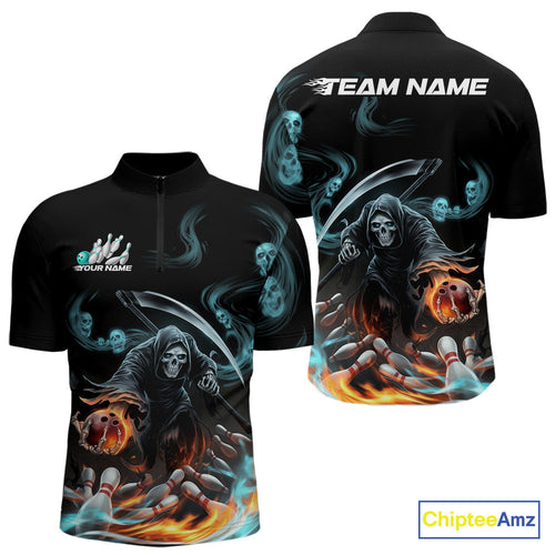 Custom Blue Skull Smoke Grim Reaper Bowling Men Quarter-Zip Shirt, Halloween Bowling Jerseys IPHW9900