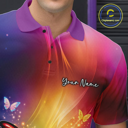 Close-up left chest view of a bowling polo shirt featuring a rainbow butterfly beside a bowling ball with scattered bowling pins.