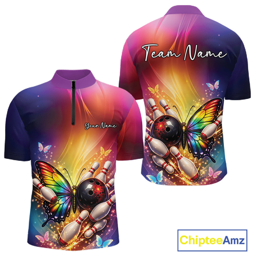 Front and back mockup of a men’s bowling quarter-zip shirt featuring a rainbow butterfly beside a bowling ball with scattered bowling pins.