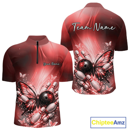 Front and back view of a red men’s bowling quarter-zip shirt featuring a butterfly beside a bowling ball with scattered bowling pins.