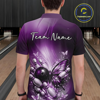 Back view of a male model in a bowling venue wearing a purple polo shirt showcasing a butterfly beside a bowling ball and pins.