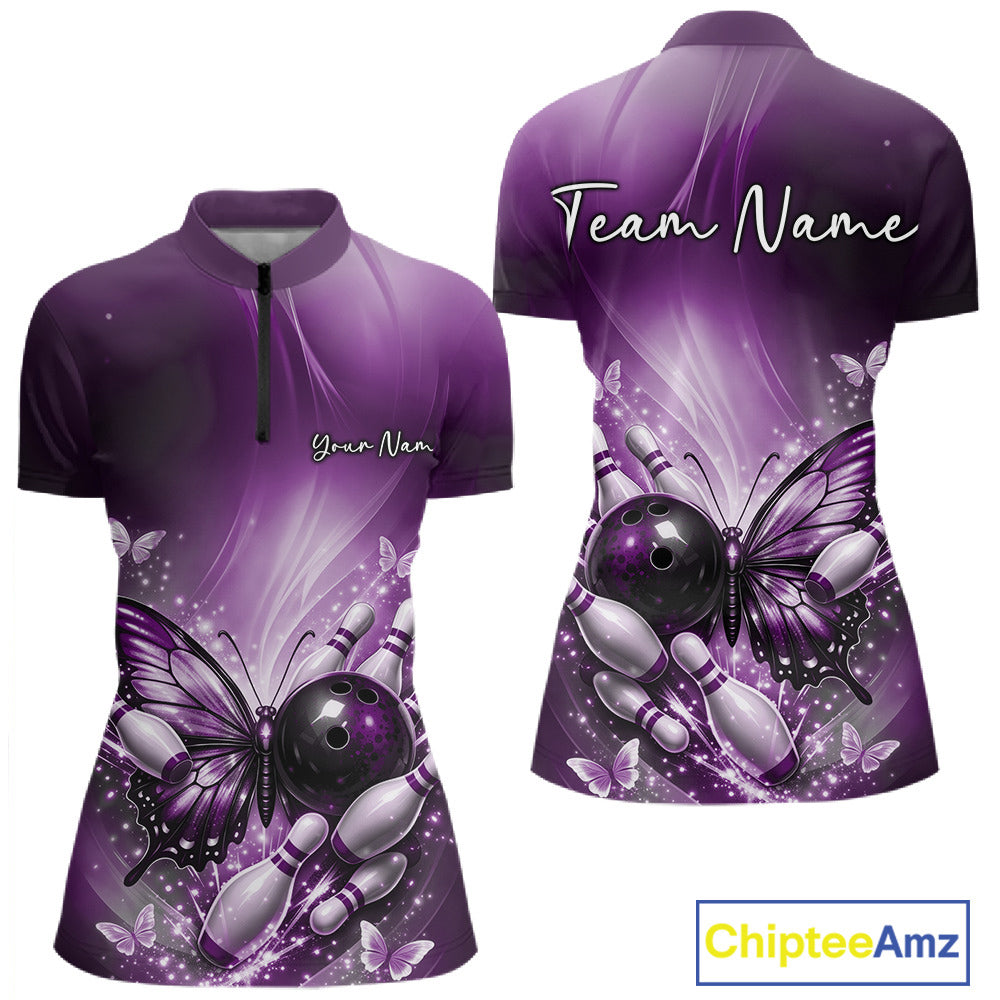 Front and back view of a purple women’s bowling quarter-zip shirt featuring a butterfly beside a bowling ball with scattered bowling pins.