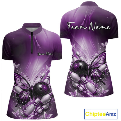 Front and back view of a purple women’s bowling quarter-zip shirt featuring a butterfly beside a bowling ball with scattered bowling pins.