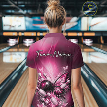 Load image into Gallery viewer, Custom Pink Butterfly Bowling Team Women Quarter-Zip Shirt, Bowling League Shirt IPHW11038