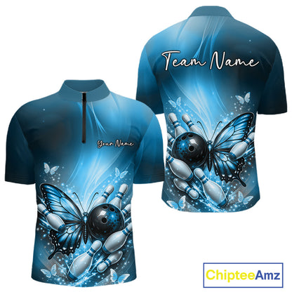 Front and back view of a blue men’s bowling quarter-zip shirt featuring a butterfly beside a bowling ball and scattered bowling pins.