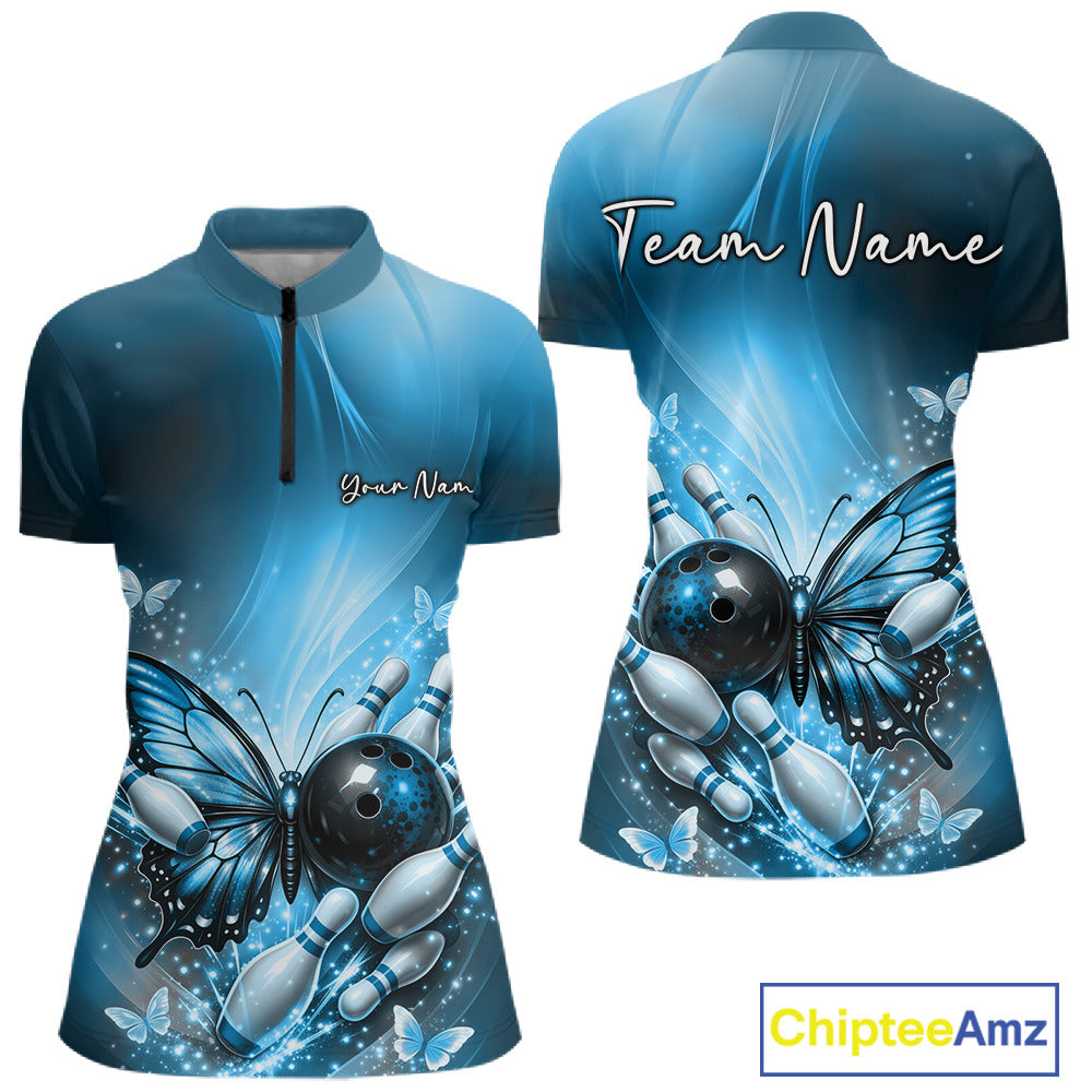 Front and back view of a blue women’s bowling quarter-zip shirt featuring a butterfly beside a bowling ball with scattered bowling pins.