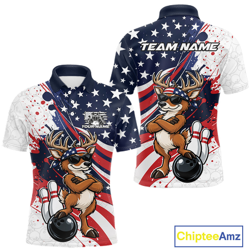 Splatter American Flag Custom Funny Patriotic Deer Bowling Men Polo Shirt, Team Uniform IPHW12257
