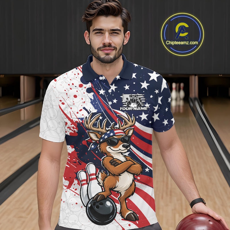 Splatter American Flag Custom Funny Patriotic Deer Bowling Men Polo Shirt, Team Uniform IPHW12257