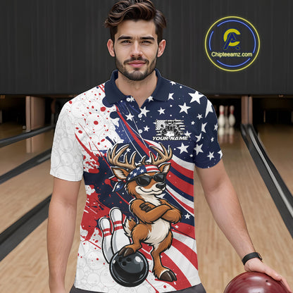 Splatter American Flag Custom Funny Patriotic Deer Bowling Men Polo Shirt, Team Uniform IPHW12257