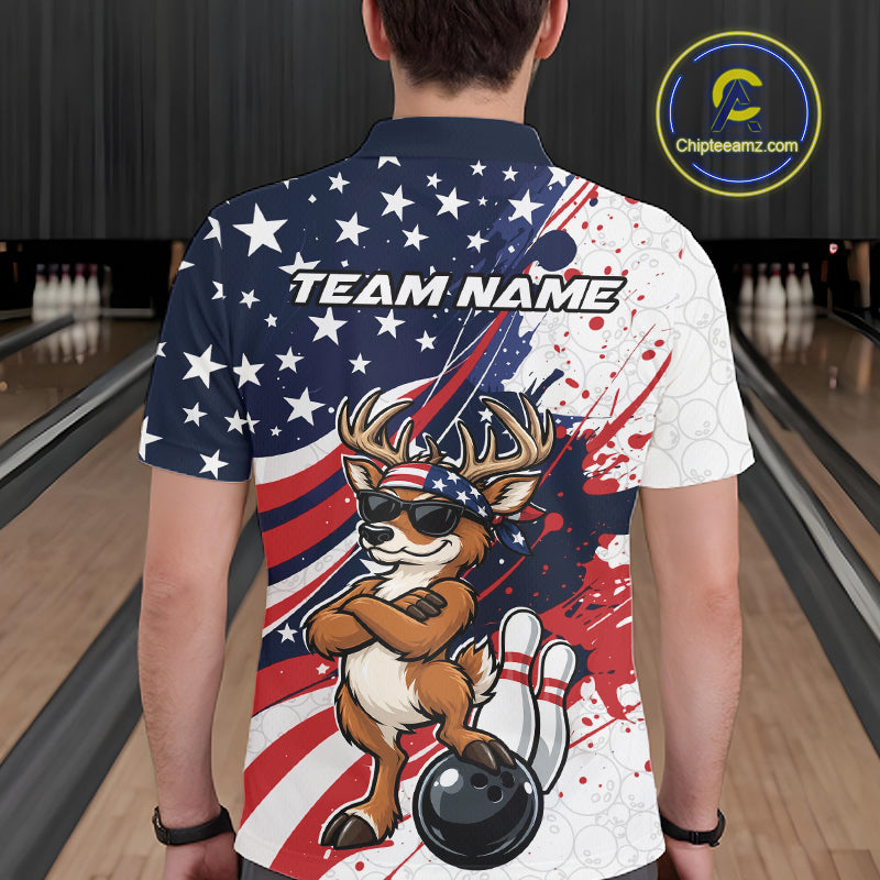 Splatter American Flag Custom Funny Patriotic Deer Bowling Men Polo Shirt, Team Uniform IPHW12257