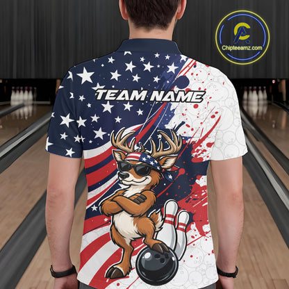 Splatter American Flag Custom Funny Patriotic Deer Bowling Men Polo Shirt, Team Uniform IPHW12257