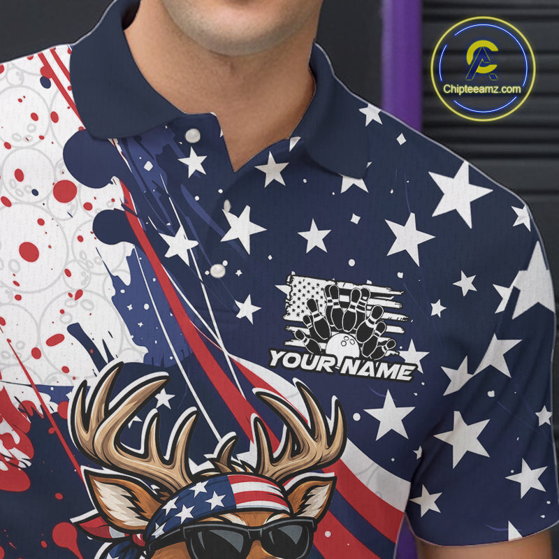 Splatter American Flag Custom Funny Patriotic Deer Bowling Men Polo Shirt, Team Uniform IPHW12257
