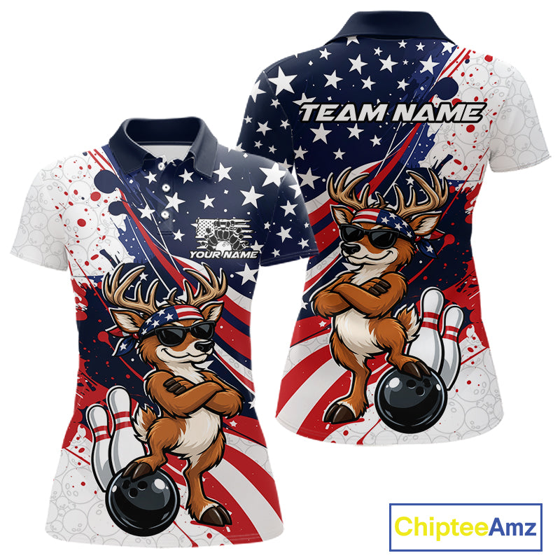 Splatter American Flag Custom Funny Patriotic Deer Bowling Women Polo Shirt, Team Uniform IPHW12257