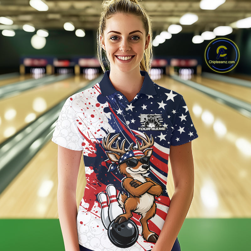 Splatter American Flag Custom Funny Patriotic Deer Bowling Women Polo Shirt, Team Uniform IPHW12257