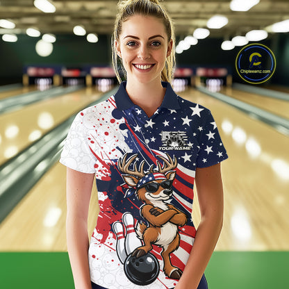 Splatter American Flag Custom Funny Patriotic Deer Bowling Women Polo Shirt, Team Uniform IPHW12257
