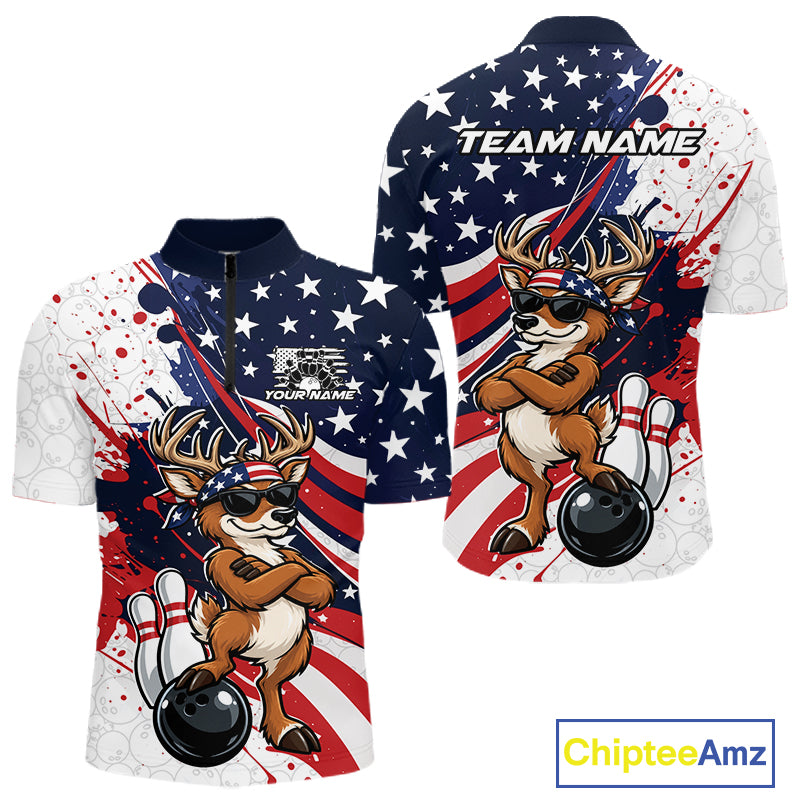 Splatter American Flag Custom Funny Patriotic Deer Bowling Men Quarter Zip Shirt, Team Uniform IPHW12257