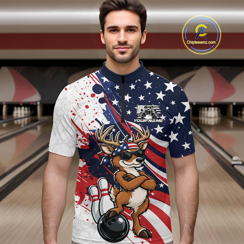 Splatter American Flag Custom Funny Patriotic Deer Bowling Men Quarter Zip Shirt, Team Uniform IPHW12257